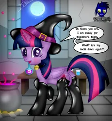 Size: 3840x4154 | Tagged: safe, artist:damlanil, derpibooru import, twilight sparkle, twilight sparkle (alicorn), alicorn, pony, bell, bell collar, blushing, bubble, butt, cauldron, clothes, collar, comic, costume, cute, female, flask, frog (hoof), glow, glowing horn, halloween, halloween costume, happy, hat, holiday, horn, image, latex, latex socks, looking at you, magic, magic aura, mare, moon, night, nightmare night, nightmare night costume, plot, png, raised hoof, rubber, shiny, show accurate, smiling, smiling at you, socks, solo, speech bubble, spider web, stars, table, talking to viewer, tentacles, text, twiabetes, twibutt, underhoof, vector, wings, witch, witch hat