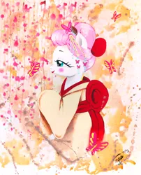 Size: 1462x1808 | Tagged: safe, artist:peachpalette, derpibooru import, edit, editor:dsp2003, fluttershy, butterfly, insect, abstract background, clothes, geisha, image, kimono (clothing), photo, png, traditional art, upscaled