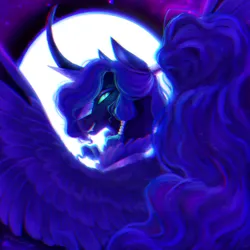 Size: 1024x1024 | Tagged: safe, artist:bluebrushcreations, derpibooru import, nightmare moon, princess luna, alicorn, pony, blue eyes, blue mane, chanfron, curved horn, digital art, ear fluff, ethereal mane, eyeshadow, fangs, feather, female, flowing mane, g4, helmet, horn, image, jpeg, lidded eyes, looking at you, makeup, mare, moon, moonlight, night, peytral, redraw, signature, sky, smiling, smiling at you, solo, sparkles, spread wings, starry mane, stars, teeth, wings