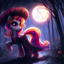 Size: 1024x1024 | Tagged: safe, derpibooru import, machine learning generated, alicorn, ai content, black dress, clothes, dia de los muertos, digital art, dress, generator:dall-e 3, hat, image, jpeg, moon, multicolored mane, multicolored tail, red eyes, tail