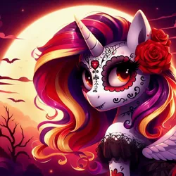 Size: 1024x1024 | Tagged: safe, derpibooru import, machine learning generated, alicorn, ai content, black dress, clothes, dia de los muertos, dress, flower, flower in hair, image, jpeg, makeup, multicolored mane