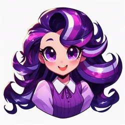Size: 1024x1024 | Tagged: safe, derpibooru import, machine learning generated, starlight glimmer, human, equestria girls, ai content, alternate hairstyle, image, jpeg, purple dress, purple eyes, smiling, younger