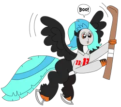 Size: 2639x2321 | Tagged: safe, artist:supahdonarudo, derpibooru import, oc, oc:icebeak, unofficial characters only, classical hippogriff, hippogriff, clothes, costume, flying, halloween, halloween costume, hockey mask, hockey stick, holding, holiday, image, jersey, mask, png, simple background, skates, transparent background