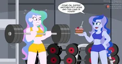 Size: 1892x1000 | Tagged: safe, artist:niban-destikim, derpibooru import, princess celestia, princess luna, human, equestria girls, abs, belly button, cake, cherry, clothes, dialogue, female, food, fork, frosting, gym, gym shorts, image, jpeg, lipstick, midriff, muscles, muscular female, open mouth, plate, principal celestia, sleeveless, smiling, speech bubble, sweat, vice principal luna, weight lifting, weights