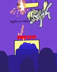 Size: 1200x1506 | Tagged: safe, derpibooru import, derpy hooves, pegasus, pony, bronycon, bronycon fire, burnycon, colored, convention, derp, dialogue, female, fire, flying, image, jpeg, mare, scene interpretation, spread wings, wings