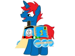 Size: 2048x1536 | Tagged: safe, artist:bluemario11, artist:ry-bluepony1, derpibooru import, oc, oc:train track, unofficial characters only, unicorn, base used, box, cardboard box, clothes, costume, flashlight (object), halloween, holiday, image, mane, nightmare night, png, simple background, solo, tail, thomas the tank engine, transparent background