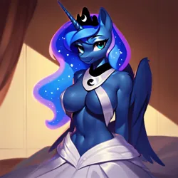 Size: 1280x1280 | Tagged: suggestive, ai content, derpibooru import, machine learning generated, princess luna, alicorn, anthro, g4, beautiful, bed, bedroom eyes, belly button, breasts, busty princess luna, cleavage, clothes, ethereal mane, exposed belly, female, hands behind back, horn, image, jpeg, prompter:anonynmi, solo, solo female, wings