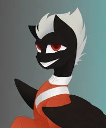 Size: 2500x3000 | Tagged: safe, artist:anastas, derpibooru import, oc, oc:tenebris cornu, unofficial characters only, pegasus, pony, black coat, black fur, bust, clothes, commission, fangs, gradient background, image, looking at you, png, portrait, raised hoof, red eyes, sitting, sketch, smiling, solo, sternocleidomastoid, uniform, white mane