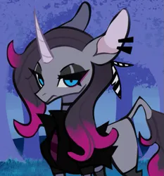 Size: 607x651 | Tagged: safe, artist:spacedkeys, derpibooru import, oleander (tfh), classical unicorn, unicorn, them's fightin' herds, clothes, cloven hooves, community related, ear piercing, female, goth, horn, image, jacket, leonine tail, looking at you, piercing, png, solo, unshorn fetlocks