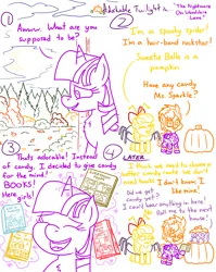 Size: 4779x6013 | Tagged: safe, artist:adorkabletwilightandfriends, derpibooru import, apple bloom, scootaloo, sweetie belle, twilight sparkle, twilight sparkle (alicorn), alicorn, spider, comic:adorkable twilight and friends, adorkable, adorkable twilight, autumn, book, bow, clothes, comic, costume, cute, cutie mark crusaders, disappointed, door, dork, excited, eyes closed, funny, halloween, happy, holiday, humor, image, leaves, magic, nightmare night, png, pumpkin, rockstar, silly, skintight clothes, slice of life, toilet humor, trick or treat, yard