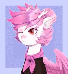 Size: 1250x1360 | Tagged: safe, artist:moewwur, artist:rin-mandarin, derpibooru import, oc, oc:nolinan, unofficial characters only, pegasus, pony, blue background, bust, clothes, horns, image, looking sideways, one eye closed, pegasus wings, pink hair, pink mane, png, portrait, red eyes, simple background, solo, stars, wings, wink