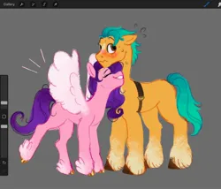 Size: 2048x1754 | Tagged: safe, artist:komiplier, derpibooru import, screencap, hitch trailblazer, pipp petals, earth pony, pegasus, pony, g5, blushing, emanata, eyes closed, female, gray background, height difference, hitchpipp, image, jpeg, male, mare, neck nuzzle, plewds, shipping, simple background, smiling, spread wings, stallion, straight, unshorn fetlocks, wings