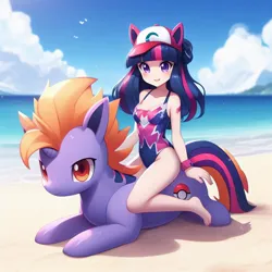 Size: 1024x1024 | Tagged: safe, derpibooru import, machine learning generated, human, ai content, beach, clothes, generator:bing image creator, humans riding ponies, image, jpeg, leotard, pokémon, riding, solo