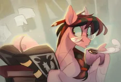 Size: 2577x1754 | Tagged: safe, artist:feelinnglad, derpibooru import, oc, oc:july red pencil, pegasus, pony, book, bookshelf, braid, cute, food, glasses, image, notes, pencil, png, reading, solo, tea, wing hands, wings