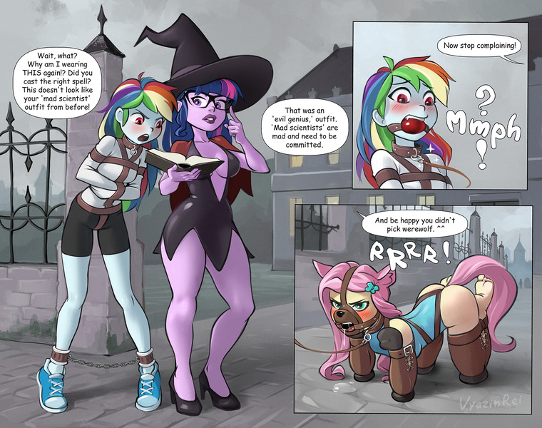 Size: 1834x1448 | Tagged: suggestive, artist:vyazinrei, derpibooru import, fluttershy, rainbow dash, twilight sparkle, equestria girls, absolute cleavage, anal tail plug, angry, ankle cuffs, ballgag, bdsm, bitchsuit, bondage, breasts, buttplug, cleavage, clothes, comic, cosplay, costume, cuffs, dashsub, femsub, fluttersub, gag, halloween, hat, high heels, holiday, image, jpeg, ring gag, sex toy, shoes, straitjacket, submissive, twidom, wide hips, witch hat