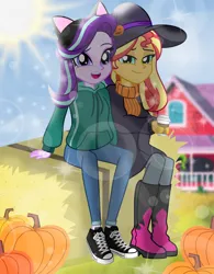 Size: 7000x8976 | Tagged: safe, artist:emeraldblast63, derpibooru import, starlight glimmer, sunset shimmer, equestria girls, boots, clothes, denim, hat, high heel boots, hoodie, image, jacket, jeans, pants, png, scarf, shirt, shoes