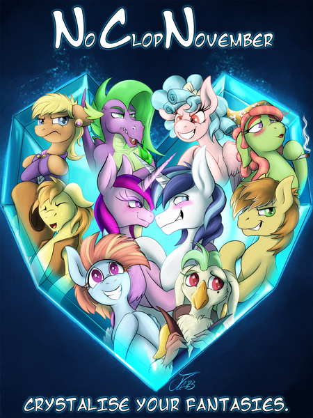 Size: 1387x1850 | Tagged: safe, artist:jamescorck, derpibooru import, braeburn, captain celaeno, cozy glow, feather bangs, ms. harshwhinny, princess cadance, shining armor, spike, tree hugger, windy whistles, fanfic, my little pony: the movie, blushing, crossed hooves, crystal heart, fanfic art, fanfic cover, image, no clop november, older, older cozy glow, older spike, png