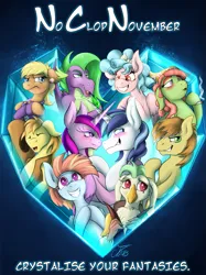 Size: 1387x1850 | Tagged: safe, artist:jamescorck, derpibooru import, braeburn, captain celaeno, cozy glow, feather bangs, ms. harshwhinny, princess cadance, shining armor, spike, tree hugger, windy whistles, fanfic, my little pony: the movie, blushing, crossed hooves, crystal heart, fanfic art, fanfic cover, image, no clop november, older, older cozy glow, older spike, png