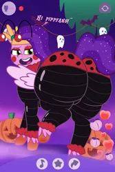 Size: 853x1280 | Tagged: suggestive, artist:isaac_pony, derpibooru import, pipp petals, bat, insect, ladybug, pegasus, pony, g5, my little pony: tell your tale, adorapipp, ass, butt, cute, decoration, dialogue, emoji, fantasy, female, halloween, holiday, hoof heart, hooves, huge butt, image, large butt, livestream, looking at you, looking back, looking back at you, mare, nightmare night, pipp butt, plot, png, pumpkin, rear view, show accurate, smoking, solo, underhoof, vector