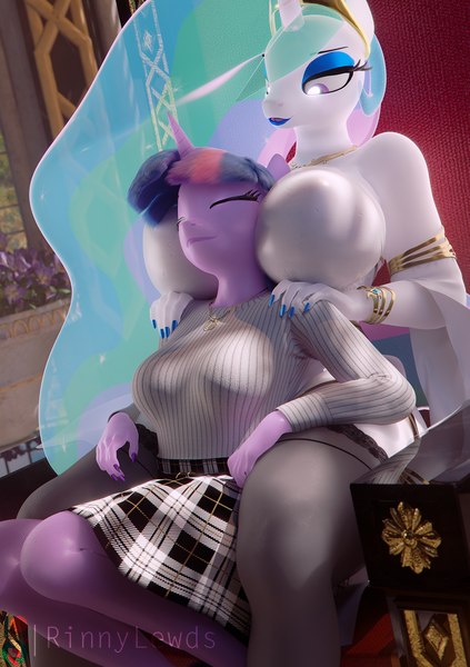 Size: 1355x1920 | Tagged: suggestive, artist:rinny, derpibooru import, princess celestia, twilight sparkle, alicorn, anthro, unicorn, 3d, armband, big breasts, bracelet, breasts, busty princess celestia, clothes, erect nipples, ethereal mane, eyelashes, eyes closed, eyeshadow, hand on leg, hand on shoulder, hand on thigh, head between breasts, horn, image, jewelry, lidded eyes, lipstick, makeup, multicolored hair, nail polish, nipple outline, png, sharp nails, size difference, skirt, smiling, socks, stockings, sweater, thigh highs, tiara, unicorn horn