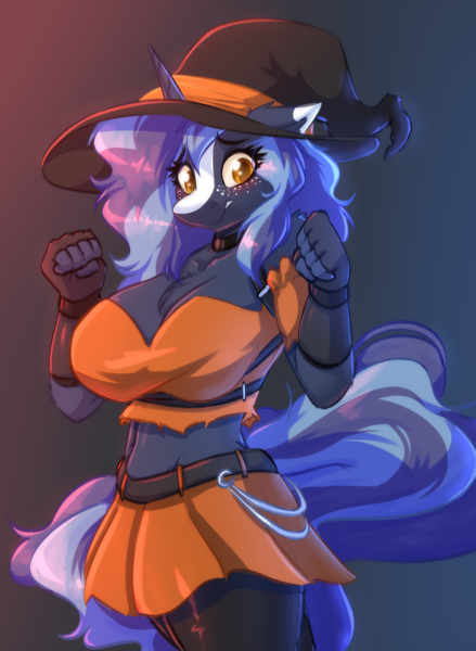 Size: 2928x4000 | Tagged: safe, artist:witchtaunter, derpibooru import, oc, oc:witching hour, anthro, blushing, clothes, costume, embarrassed, female, halloween, hat, holiday, image, png, rule 63, skirt, witch, witch hat