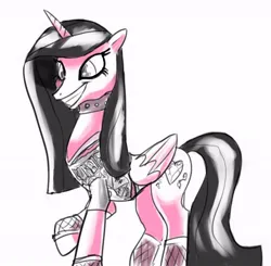 Size: 678x664 | Tagged: safe, artist:ara, derpibooru import, princess cadance, alicorn, black mane, choker, collar, doodle, evil cadance, eyeliner, fishnets, goth, image, jpeg, makeup, metal, spiked choker