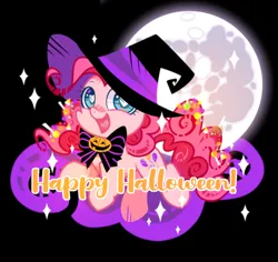 Size: 1250x1180 | Tagged: safe, artist:yokokinawa, derpibooru import, pinkie pie, bowtie, chibi, cloud, halloween, happy halloween, hat, holiday, image, moon, png, sparkles, wingding eyes, witch hat