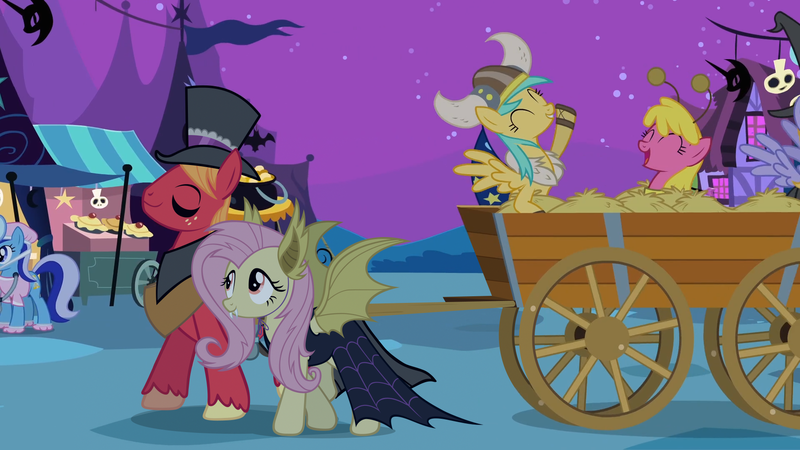 Size: 1920x1080 | Tagged: safe, anonymous artist, derpibooru import, edit, edited screencap, screencap, big macintosh, cherry berry, cloud kicker, fluttershy, minuette, sunshower raindrops, earth pony, pegasus, pony, luna eclipsed, .ai available, ^^, animal costume, bee costume, cart, cloak, clothes, costume, dress, eyeliner, eyes closed, female, flutterbat costume, fluttermac, grin, hat, helmet, horned helmet, image, mac the ripper, makeup, male, mare, nightmare night, nightmare night costume, open mouth, open smile, png, shipping, smiling, stallion, straight, top hat, vector, viking helmet, witch costume, witch hat, witch kicker