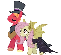 Size: 4000x3600 | Tagged: safe, anonymous artist, derpibooru import, big macintosh, fluttershy, earth pony, pegasus, pony, cloak, clothes, costume, dress, duo, duo male and female, eyeliner, eyes closed, female, flutterbat costume, fluttermac, hat, high res, image, mac the ripper, makeup, male, mare, nightmare night costume, png, shipping, simple background, smiling, spread wings, stallion, straight, top hat, transparent background, vector, wings