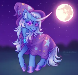 Size: 3364x3220 | Tagged: safe, artist:mammalian_alien, derpibooru import, trixie, pony, unicorn, cape, clothes, eyeshadow, female, grass, hat, hoof polish, image, lipstick, looking at you, makeup, mare, mare in the moon, moon, png, solo, stars, trixie's brooch, trixie's cape, trixie's hat
