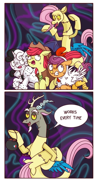 Size: 2216x4122 | Tagged: safe, alternate version, artist:syxpack, derpibooru import, apple bloom, discord, scootaloo, sweetie belle, bird, chicken, earth pony, pegasus, pony, unicorn, 101 dalmatians, 2 panel comic, animal costume, applejack's hat, breaking the fourth wall, candy, chicken suit, clothes, comic, commission, commissioner:zcord, costume, cowboy, cowboy hat, cruella de vil, cutie mark crusaders, discord being discord, fangs, fluttershy suit, food, halloween, hat, holiday, image, implied applejack, implied lesbian, implied rainbow dash, implied rarijack, implied rarity, implied shipping, jpeg, pumpkin bucket, running, scaring, scootachicken, simple background, story included, sweat, talking to viewer, the discord zone, troll, vertical