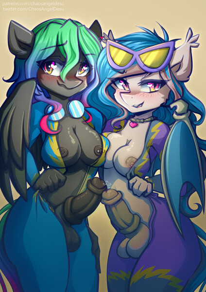 Size: 1614x2283 | Tagged: explicit, derpibooru import, oc, oc:frost eventide, oc:frosty, oc:paintheart, anthro, bat pony, pegasus, areola, balls, bat pony oc, bat wings, blushing, bodysuit, breasts, clothes, costume, ear tufts, erection, eyebrows, eyelashes, fangs, feathered wings, futa, futa oc, futa only, goggles, heart, image, intersex, jewelry, jpeg, long hair, looking at you, multicolored hair, necklace, nightmare night, nipple piercing, nipples, nudity, open clothes, pegasus oc, pegasus wings, penis, piercing, shadowbolts, slit pupils, smiling, smiling at you, tail, thighs, uniform, unzipped, wings, wonderbolts, wonderbolts uniform