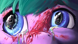 Size: 3840x2160 | Tagged: grimdark, artist:miramore, derpibooru import, oc, pony, fanfic, fanfic:rainbow factory, blood, blood splatter, blue eyes, crying, device, distressed, fanfic art, hair, image, machine, pegasus device, png, rainbow, solo, wide eyes