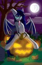 Size: 2500x3840 | Tagged: suggestive, artist:blackice, derpibooru import, oc, oc:black ice, unofficial characters only, bat pony, bat ponified, belly button, chest fluff, choker, drool, drool string, ear fluff, explicit source, female, fishnets, garter belt, gravestone, halloween, holiday, image, jack-o-lantern, leaves, long tongue, looking at you, moon, night, png, pumpkin, race swap, solo, spiked choker, tongue out