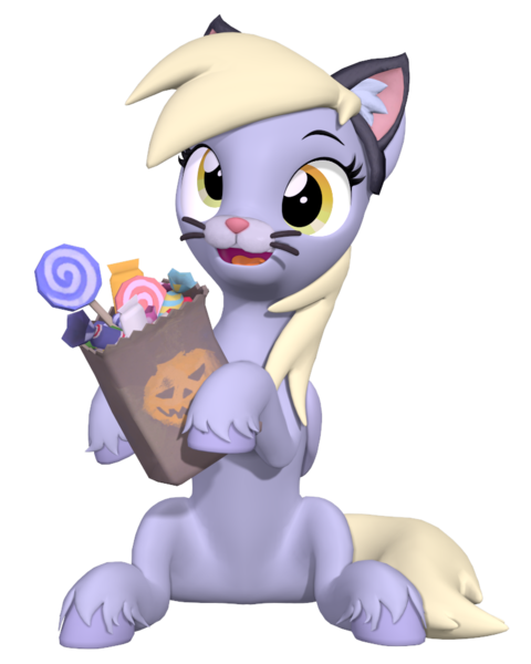 Size: 800x1000 | Tagged: safe, artist:owlpirate, derpibooru import, derpy hooves, pegasus, pony, 3d, animal costume, bag, candy, cat costume, clothes, costume, cute, derpabetes, female, food, halloween, halloween costume, holiday, hoof hold, image, mare, nightmare night costume, paper bag, png, simple background, solo, source filmmaker, transparent background