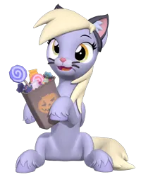 Size: 800x1000 | Tagged: safe, artist:owlpirate, derpibooru import, derpy hooves, pegasus, pony, 3d, animal costume, bag, candy, cat costume, clothes, costume, cute, derpabetes, female, food, halloween, halloween costume, holiday, hoof hold, image, mare, nightmare night costume, paper bag, png, simple background, solo, source filmmaker, transparent background