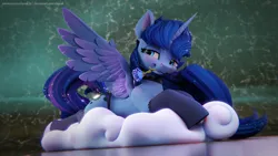 Size: 3840x2160 | Tagged: safe, artist:chyvak, derpibooru import, princess luna, pony, 3d, 3d model, cloud, figurine, flower, image, mouth hold, png, solo