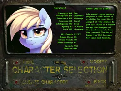 Size: 640x480 | Tagged: safe, derpibooru import, editor:primortal, machine learning assisted, machine learning generated, novelai, stable diffusion, oc, oc:ivory gust, unofficial characters only, pegasus, pony, fallout equestria, ai content, background, character select, clipdrop, fake game screenshot, fake screenshot, fallout, fallout 2, female, image, paint.net, pegasus oc, photoshop, png, stats, story, summary, wings