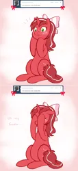 Size: 1000x2198 | Tagged: safe, artist:redintravenous, derpibooru import, oc, oc:red ribbon, pony, unicorn, ask red ribbon, blushing, bow, female, hair bow, image, mare, png, solo
