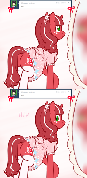 Size: 1000x2050 | Tagged: safe, artist:redintravenous, derpibooru import, oc, oc:red ribbon, pony, unicorn, ask red ribbon, butt, clothes, dress, female, image, mare, mirror, plot, png, solo