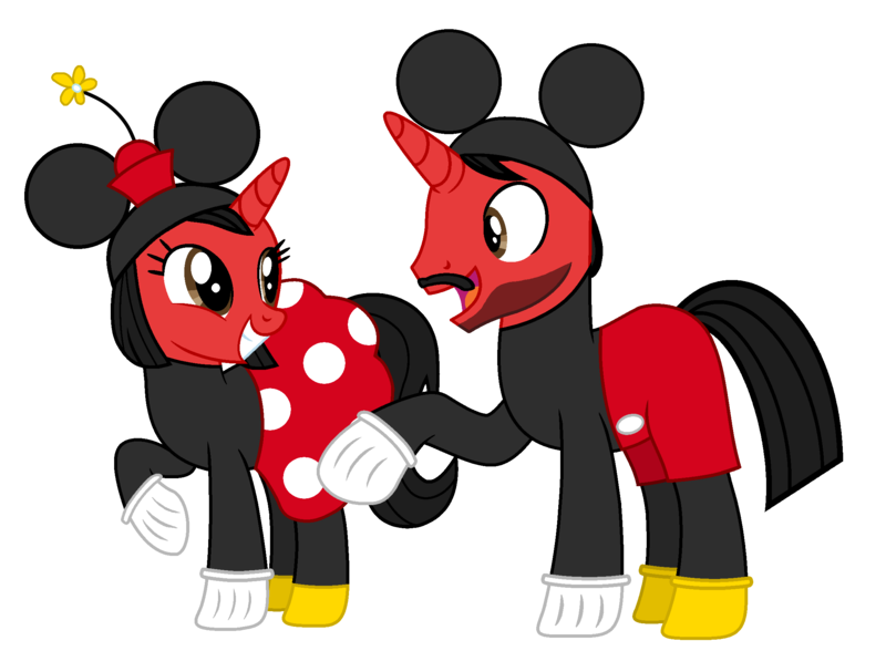 Size: 2250x1655 | Tagged: safe, artist:mickey1909, derpibooru import, oc, oc:mickey motion, oc:minnie motion, unofficial characters only, unicorn, clothes, costume, disney, dress, ears, female, image, male, mickey mouse, minnie mouse, png, shorts, simple background, smiling, transparent background