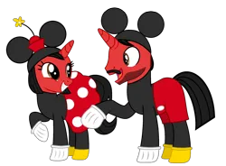 Size: 2250x1655 | Tagged: safe, artist:mickey1909, derpibooru import, oc, oc:mickey motion, oc:minnie motion, unofficial characters only, unicorn, clothes, costume, disney, dress, ears, female, image, male, mickey mouse, minnie mouse, png, shorts, simple background, smiling, transparent background