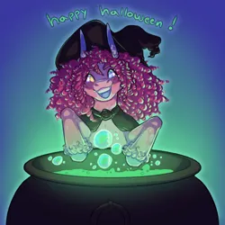 Size: 828x828 | Tagged: safe, artist:elf-hollow, derpibooru import, pinkie pie, bubble, cauldron, clothes, costume, female, halloween, halloween costume, hat, holiday, image, jpeg, looking at you, solo, witch, witch hat