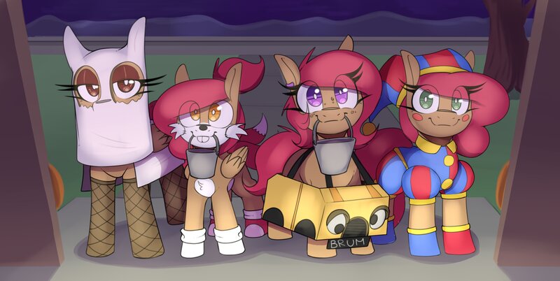 Size: 4096x2058 | Tagged: safe, artist:lockheart, derpibooru import, oc, oc:cherry sweetheart, oc:stella cherry, unofficial characters only, earth pony, pegasus, pony, bucket, car, clothes, costume, cute, eye clipping through hair, female, ghost costume, halloween, halloween costume, holiday, image, jpeg, looking at you, mare, miles "tails" prower, mouth hold, nightmare night costume, pomni, smiling, smiling at you, sonic the hedgehog (series), the amazing digital circus, trick or treat