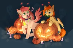 Size: 3500x2300 | Tagged: safe, artist:moewwur, artist:rin-mandarin, derpibooru import, oc, oc:chise, oc:svatya, unofficial characters only, pegasus, pony, blue background, candle, couple, cucumber, food, ginger hair, halloween, helloween, holiday, image, jack-o-lantern, pegasus wings, pink hair, pink mane, png, pumpkin, red hair, simple background, spooky, spread wings, strawberry mane, tendrils, wings