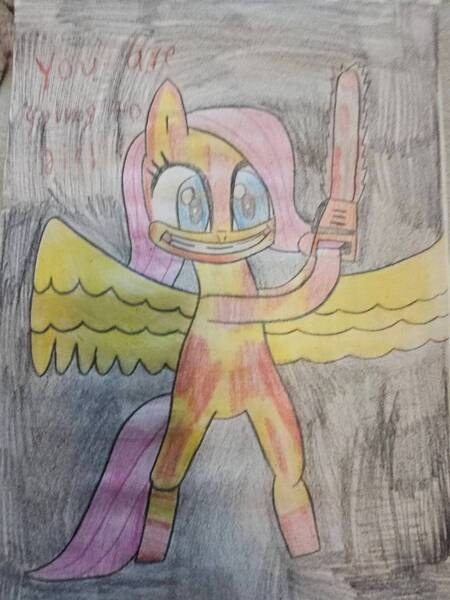 Size: 1500x2000 | Tagged: semi-grimdark, artist:alan-the-animeartist, derpibooru import, fluttershy, pegasus, pony, .mov, shed.mov, bipedal, chainsaw, female, image, jpeg, smiling, solo