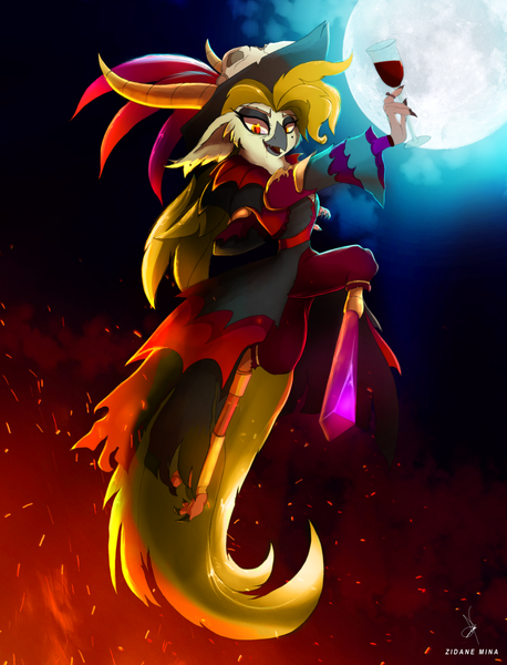 Size: 3366x4414 | Tagged: safe, artist:zidanemina, derpibooru import, captain celaeno, anthro, avian, bird, parrot, undead, vampire, my little pony: the movie, alternate color palette, alternate design, alternate hairstyle, amputee, clothes, costume, cup, halloween, halloween costume, holiday, image, looking at you, moon, night, orni, png, smiling, solo