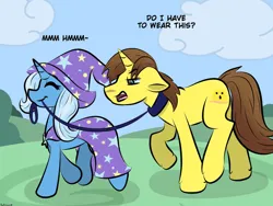 Size: 1280x960 | Tagged: safe, artist:grapefruit-face, derpibooru import, trixie, oc, oc:grapefruit face, unicorn, female, image, jpeg, leash, male, walking