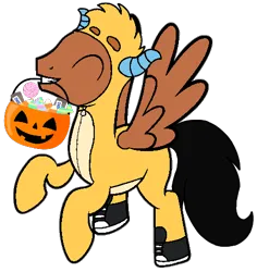 Size: 456x484 | Tagged: safe, artist:noi kincade, derpibooru import, oc, oc:pencil sketch, unofficial characters only, pegasus, pony, candy, clothes, costume, food, halloween, halloween costume, holiday, image, male, png, pumpkin, pumpkin bucket, solo