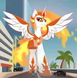 Size: 3160x3200 | Tagged: safe, artist:just rusya, derpibooru import, daybreaker, alicorn, human, car, crush fetish, crushing, fetish, image, looking down, macro, micro, people, png, raised hoof, smiling, solo, spread wings, stomping, street, underhoof, wings